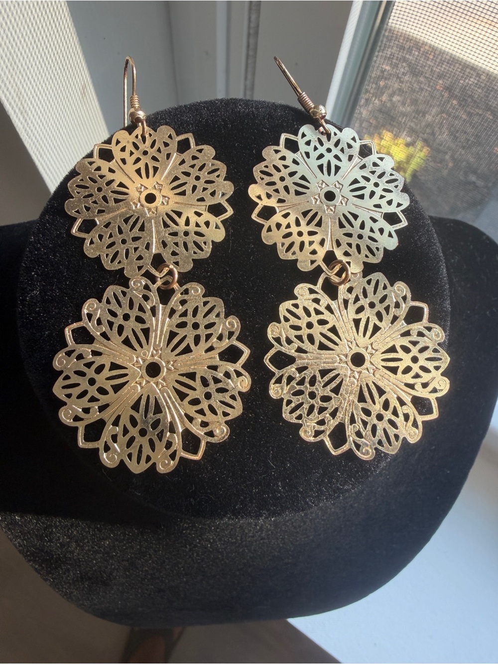 Gold Tone Filigree Double Drop Earrings - Elegant Women's Jewelry